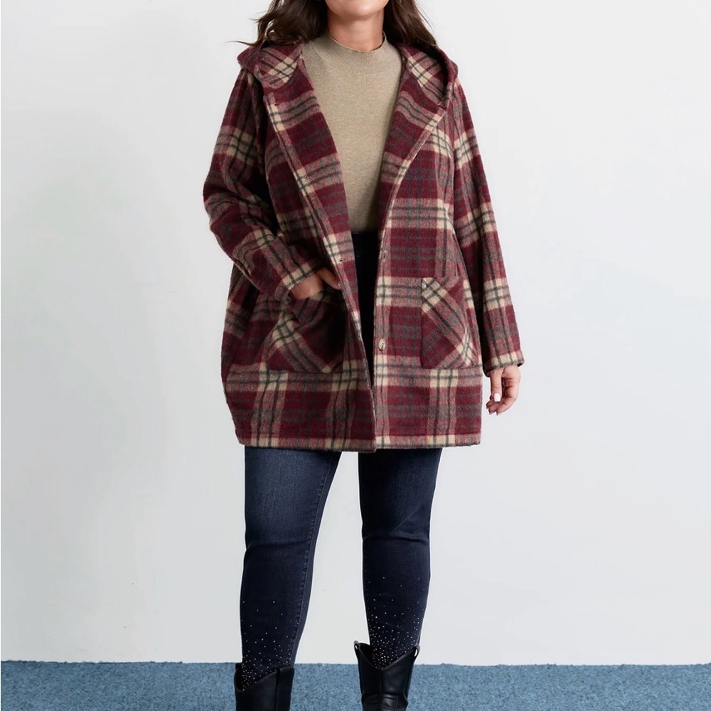 Bloomchic Plaid Fleece Hooded Button Coat in Burgundy